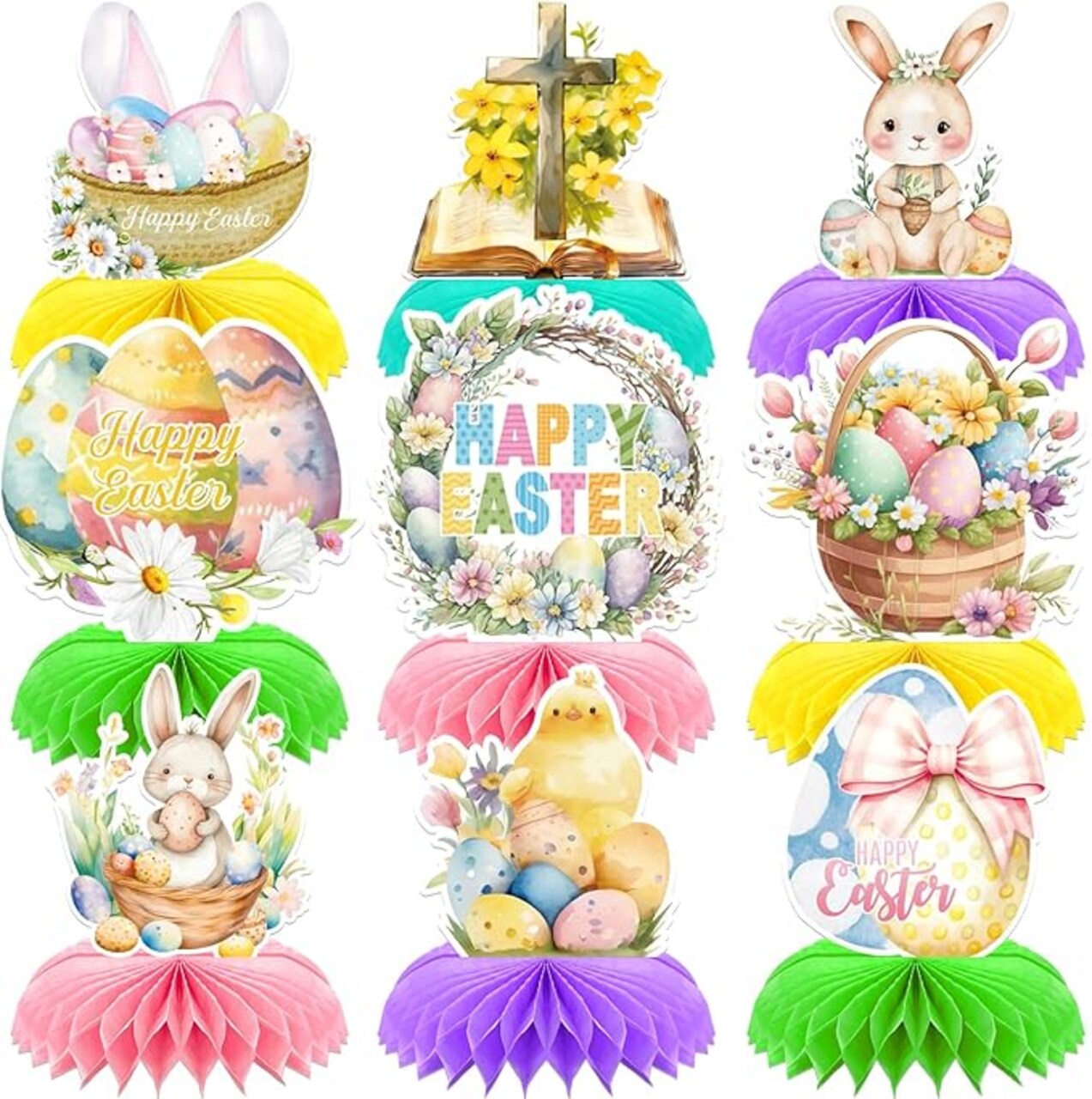 Easter Centerpieces for Tables Decorations, 9 Pcs Happy Easter Honeycomb Centerpieces, 3D Easter Bunny Egg Table Decoration for Easter Party Supplies, Spring Holiday Photo Prop